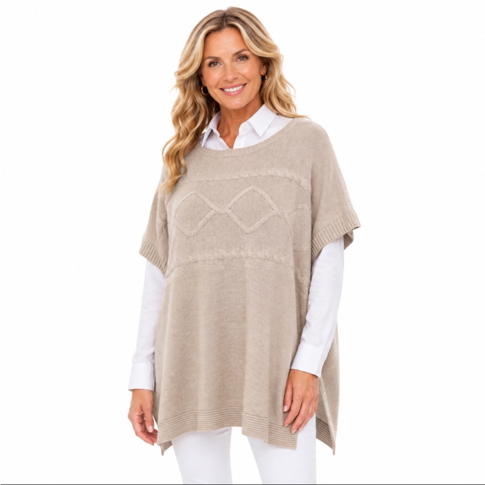 CHAPS Light Taupe Cable-Knit Poncho Sweater Size: S/M